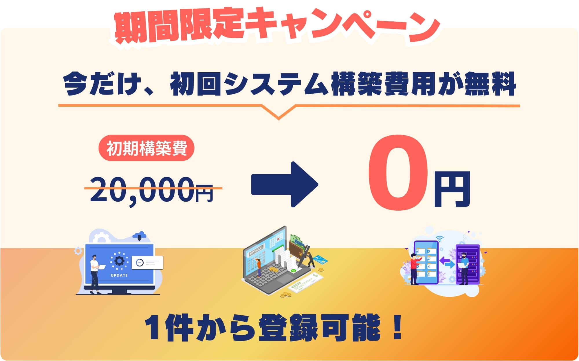 期間限定キャンペーン 今だけ、初回システム構築費用が無料